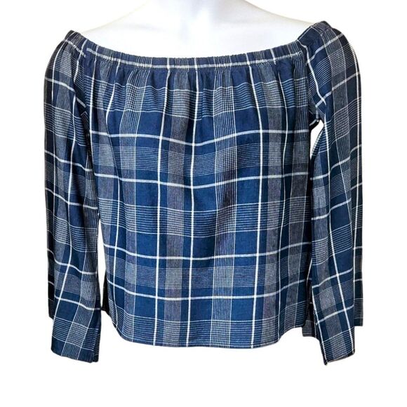 CLOTH & STONE Women's oversized long bell sleeve  blue & white off shoulder top. - Picture 3 of 16